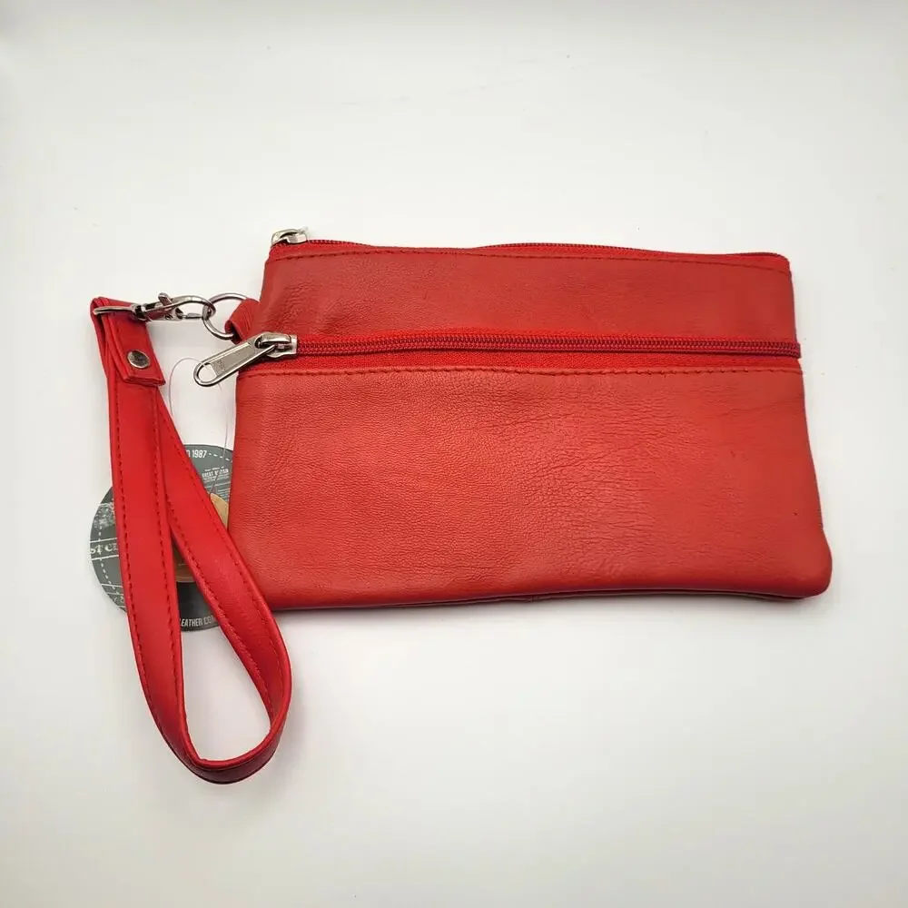 Red Leather Wristlet Clutch Pouch Zip Top Minimalist Soft Simple NWT Small